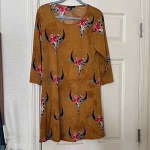 Heimish Long Sleeve Dress with Floral Skull Design in Tan